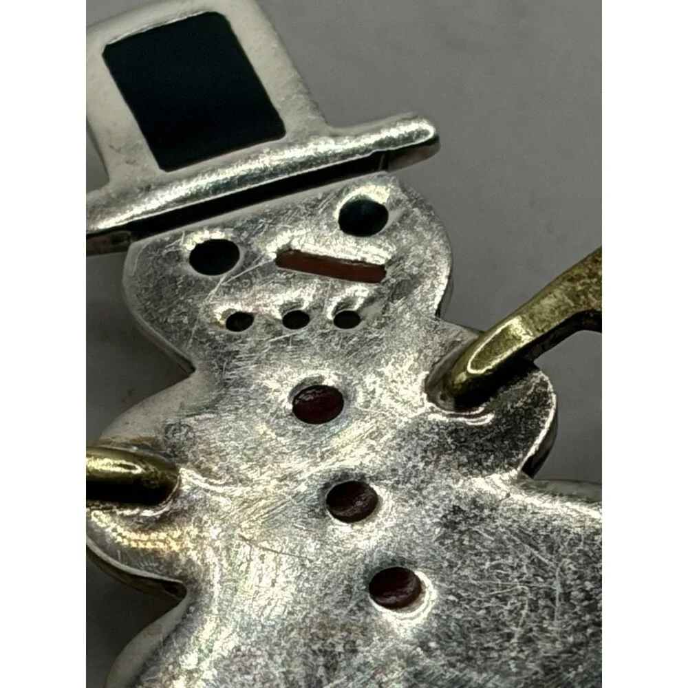 Snowman Brooch Enamel  & Brass Details Pin Signed AHD Mexico Sterling Silver 925